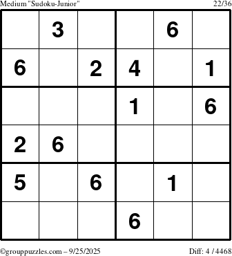 The grouppuzzles.com Medium Sudoku-Junior puzzle for Thursday September 25, 2025