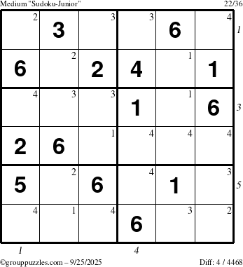 The grouppuzzles.com Medium Sudoku-Junior puzzle for Thursday September 25, 2025, suitable for printing, with all 4 steps marked