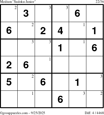 The grouppuzzles.com Medium Sudoku-Junior puzzle for Thursday September 25, 2025 with the first 3 steps marked