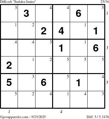 The grouppuzzles.com Difficult Sudoku-Junior puzzle for Thursday September 25, 2025 with all 5 steps marked