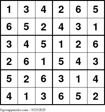 The grouppuzzles.com Answer grid for the Sudoku-Junior puzzle for Thursday September 25, 2025