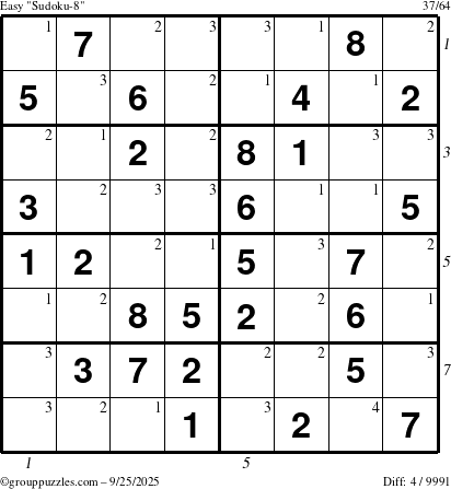 The grouppuzzles.com Easy Sudoku-8 puzzle for Thursday September 25, 2025 with all 4 steps marked
