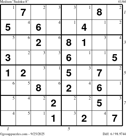 The grouppuzzles.com Medium Sudoku-8 puzzle for Thursday September 25, 2025 with all 6 steps marked