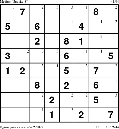 The grouppuzzles.com Medium Sudoku-8 puzzle for Thursday September 25, 2025 with the first 3 steps marked