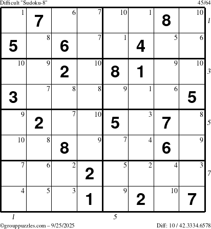 The grouppuzzles.com Difficult Sudoku-8 puzzle for Thursday September 25, 2025 with all 10 steps marked