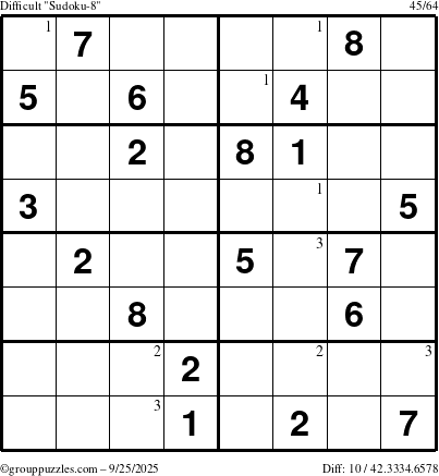 The grouppuzzles.com Difficult Sudoku-8 puzzle for Thursday September 25, 2025 with the first 3 steps marked