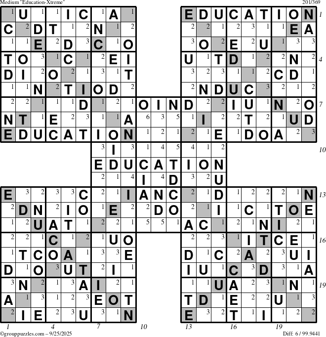 The grouppuzzles.com Medium Education-Xtreme puzzle for Thursday September 25, 2025 with all 6 steps marked