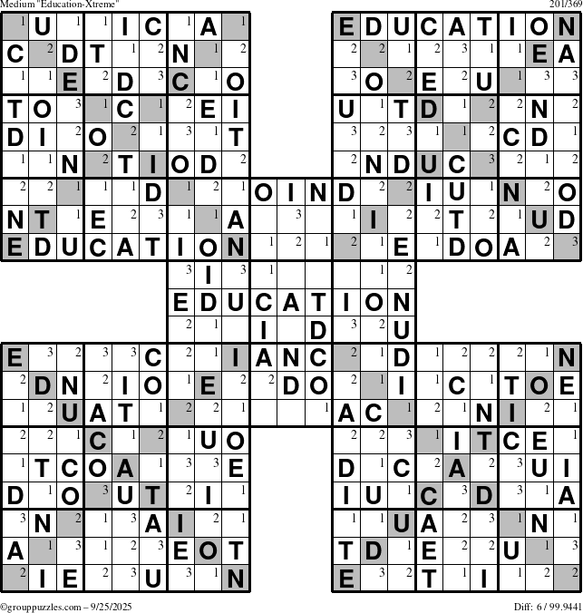 The grouppuzzles.com Medium Education-Xtreme puzzle for Thursday September 25, 2025 with the first 3 steps marked