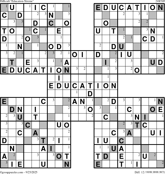 The grouppuzzles.com Difficult Education-Xtreme puzzle for Thursday September 25, 2025 with the first 3 steps marked