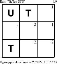 The grouppuzzles.com Easy TicTac-STU puzzle for Thursday September 25, 2025 with the first 2 steps marked