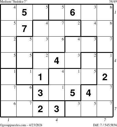 The grouppuzzles.com Medium Sudoku-7 puzzle for Tuesday April 23, 2024, suitable for printing, with all 7 steps marked