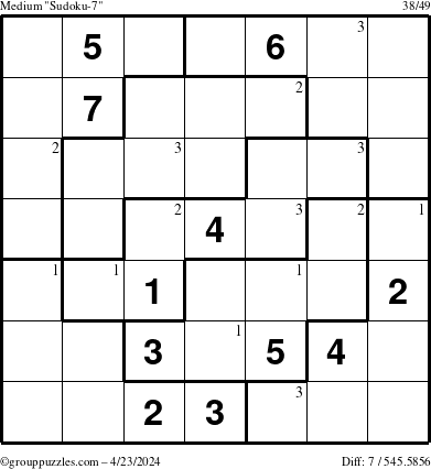 The grouppuzzles.com Medium Sudoku-7 puzzle for Tuesday April 23, 2024 with the first 3 steps marked