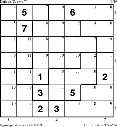 The grouppuzzles.com Difficult Sudoku-7 puzzle for Tuesday April 23, 2024, suitable for printing, with all 11 steps marked