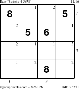 The grouppuzzles.com Easy Sudoku-4-5678 puzzle for Monday March 2, 2026, suitable for printing, with all 3 steps marked
