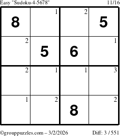The grouppuzzles.com Easy Sudoku-4-5678 puzzle for Monday March 2, 2026 with the first 3 steps marked