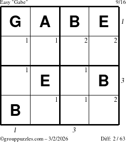 The grouppuzzles.com Easy Gabe puzzle for Monday March 2, 2026 with all 2 steps marked