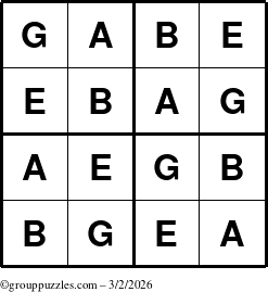 The grouppuzzles.com Answer grid for the Gabe puzzle for Monday March 2, 2026