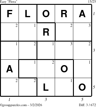 The grouppuzzles.com Easy Flora puzzle for Monday March 2, 2026 with all 3 steps marked