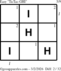 The grouppuzzles.com Easy TicTac-GHI puzzle for Monday March 2, 2026, suitable for printing, with all 2 steps marked