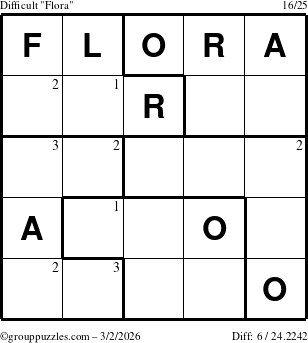 The grouppuzzles.com Difficult Flora puzzle for Monday March 2, 2026 with the first 3 steps marked