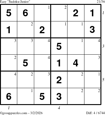The grouppuzzles.com Easy Sudoku-Junior puzzle for Monday March 2, 2026 with all 4 steps marked