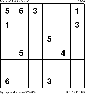 The grouppuzzles.com Medium Sudoku-Junior puzzle for Monday March 2, 2026