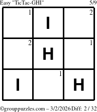The grouppuzzles.com Easy TicTac-GHI puzzle for Monday March 2, 2026 with the first 2 steps marked