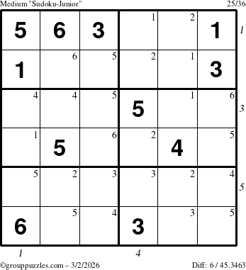 The grouppuzzles.com Medium Sudoku-Junior puzzle for Monday March 2, 2026, suitable for printing, with all 6 steps marked