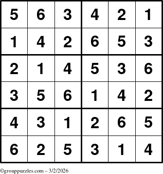 The grouppuzzles.com Answer grid for the Sudoku-Junior puzzle for Monday March 2, 2026