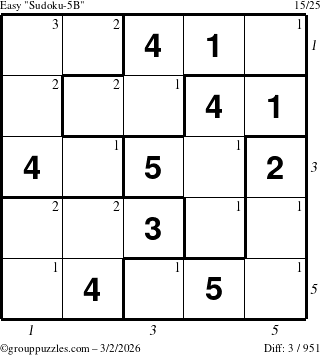 The grouppuzzles.com Easy Sudoku-5B puzzle for Monday March 2, 2026, suitable for printing, with all 3 steps marked
