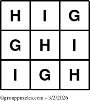 The grouppuzzles.com Answer grid for the TicTac-GHI puzzle for Monday March 2, 2026