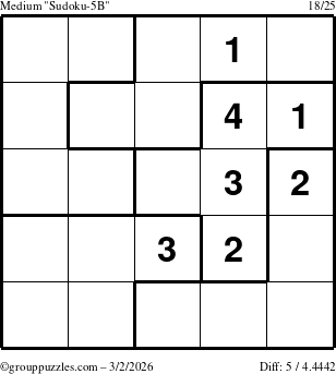 The grouppuzzles.com Medium Sudoku-5B puzzle for Monday March 2, 2026