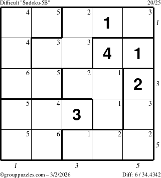 The grouppuzzles.com Difficult Sudoku-5B puzzle for Monday March 2, 2026 with all 6 steps marked