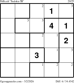 The grouppuzzles.com Difficult Sudoku-5B puzzle for Monday March 2, 2026 with the first 3 steps marked