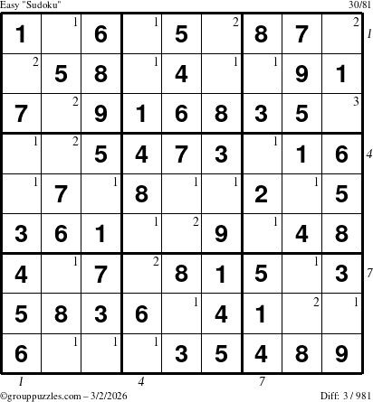 The grouppuzzles.com Easy Sudoku puzzle for Monday March 2, 2026 with all 3 steps marked