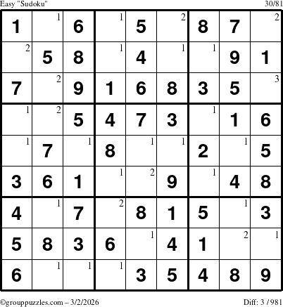The grouppuzzles.com Easy Sudoku puzzle for Monday March 2, 2026 with the first 3 steps marked