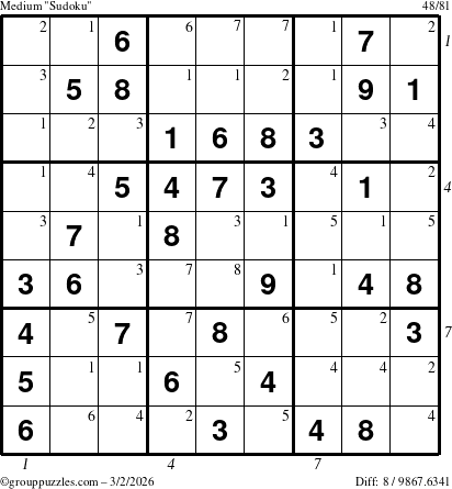The grouppuzzles.com Medium Sudoku puzzle for Monday March 2, 2026 with all 8 steps marked