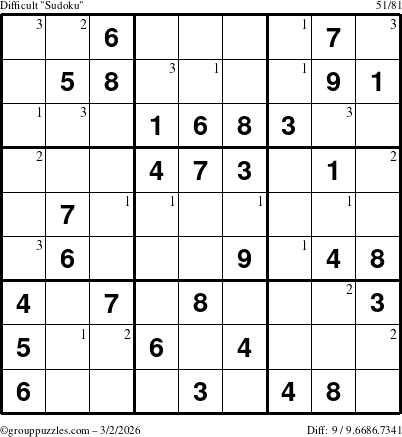 The grouppuzzles.com Difficult Sudoku puzzle for Monday March 2, 2026 with the first 3 steps marked
