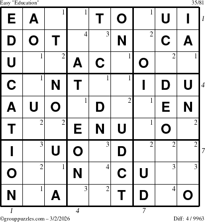 The grouppuzzles.com Easy Education-c1 puzzle for Monday March 2, 2026 with all 4 steps marked