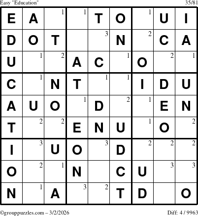 The grouppuzzles.com Easy Education-c1 puzzle for Monday March 2, 2026 with the first 3 steps marked