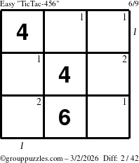 The grouppuzzles.com Easy TicTac-456 puzzle for Monday March 2, 2026, suitable for printing, with all 2 steps marked