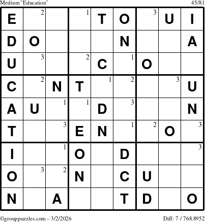 The grouppuzzles.com Medium Education-c1 puzzle for Monday March 2, 2026 with the first 3 steps marked