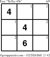 The grouppuzzles.com Easy TicTac-456 puzzle for Monday March 2, 2026 with the first 2 steps marked