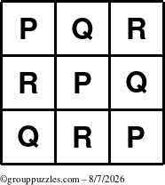 The grouppuzzles.com Answer grid for the TicTac-PQR puzzle for Friday August 7, 2026