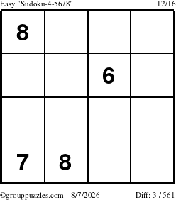 The grouppuzzles.com Easy Sudoku-4-5678 puzzle for Friday August 7, 2026