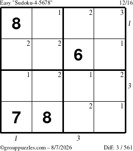 The grouppuzzles.com Easy Sudoku-4-5678 puzzle for Friday August 7, 2026 with all 3 steps marked
