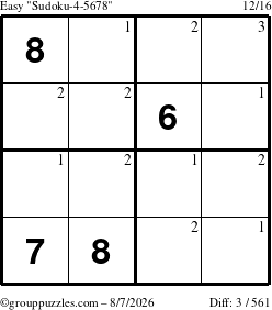 The grouppuzzles.com Easy Sudoku-4-5678 puzzle for Friday August 7, 2026 with the first 3 steps marked