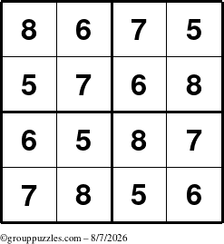 The grouppuzzles.com Answer grid for the Sudoku-4-5678 puzzle for Friday August 7, 2026