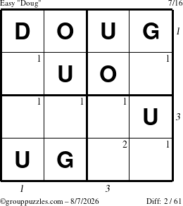 The grouppuzzles.com Easy Doug puzzle for Friday August 7, 2026 with all 2 steps marked