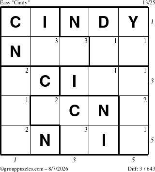 The grouppuzzles.com Easy Cindy puzzle for Friday August 7, 2026 with all 3 steps marked
